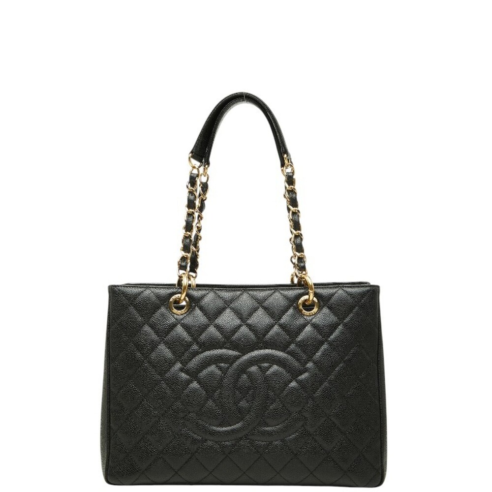 Chanel Coco Mark GST Grand Shopping Tote Chain Shoulder Bag Black Caviar Leat...